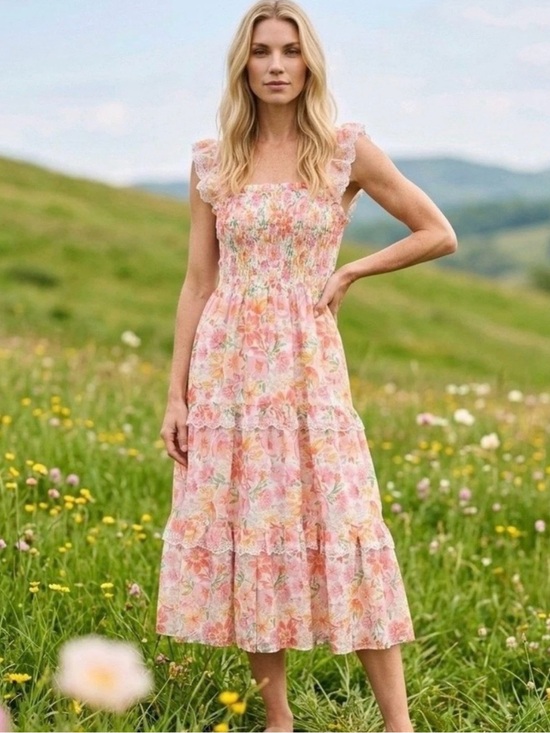 Haute Hippie Dresses & Skirts - Haute Hippie Dress Sz 12 Pink White Floral Tiered Ruffle Smocked Midi Boho Beach
